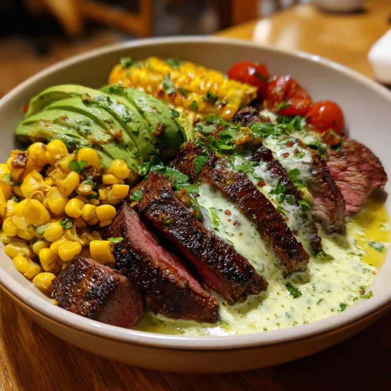 Steak, Avocado, and Roasted Corn Bowl with Cilantro Cream Sauce Recipe