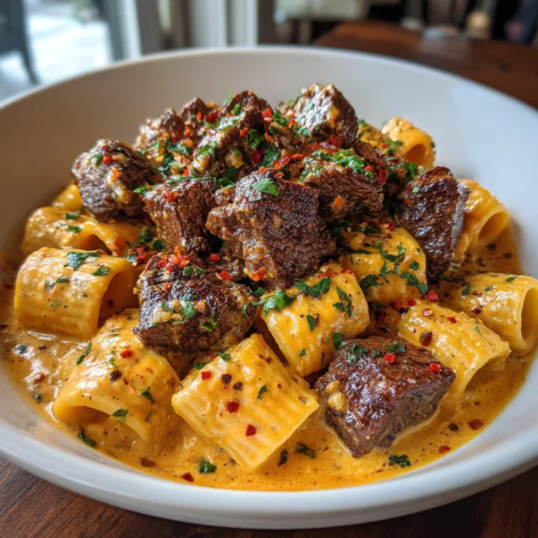 Cajun Steak Tips in Cheesy Rigatoni Parmesan Sauce