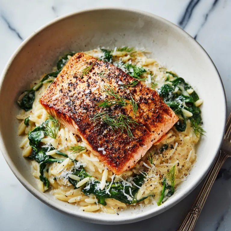 Seared Salmon with Creamy Lemon Orzo and Spinach