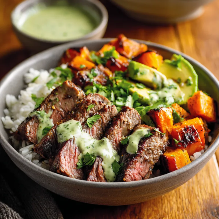 Delicious Steak and Sweet Potato Bowls with Avocado-Cilantro Drizzle